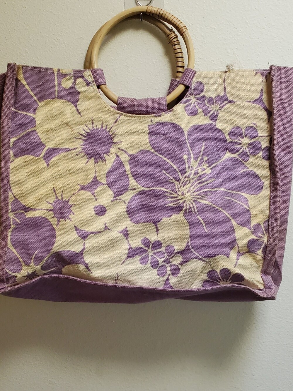 Burlap Floral Tote Bag with Bamboo Handles - Purple/Cream